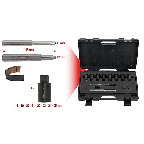 Werkzeugkoffer mit Werkzeugen. Enthält Stifte, eine Buchse und eine Schleifscheibe. Maße sind angegeben.